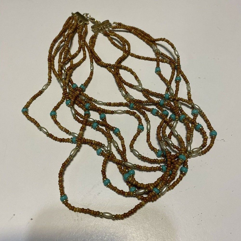 multi strand seed bead Collar necklace faux Turquoise wood tone Bead Boho 16” - Picture 2 of 5